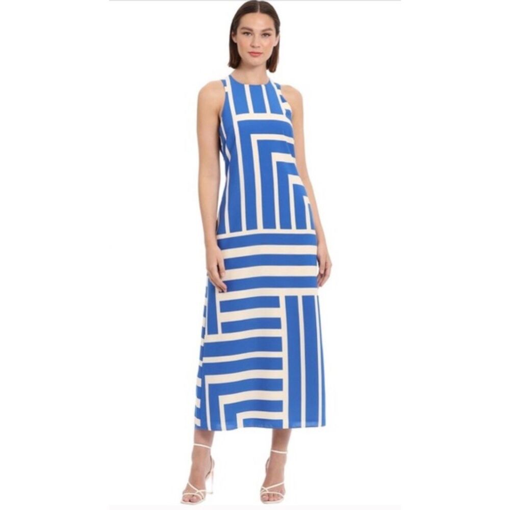 NWT Donna Morgan Women's Crew Neck Lined Blue‎ White Maxi Dress Sz 14